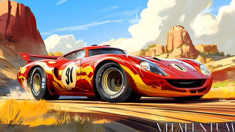 Blazing red race car cutting through stylized desert canyon.