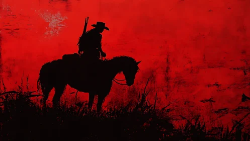 Silhouette of mounted rider against textured red backdrop.