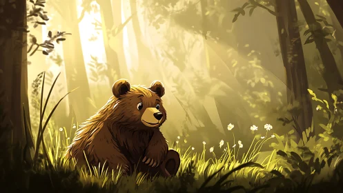 Cartoon bear illuminated by warm volumetric forest sunlight