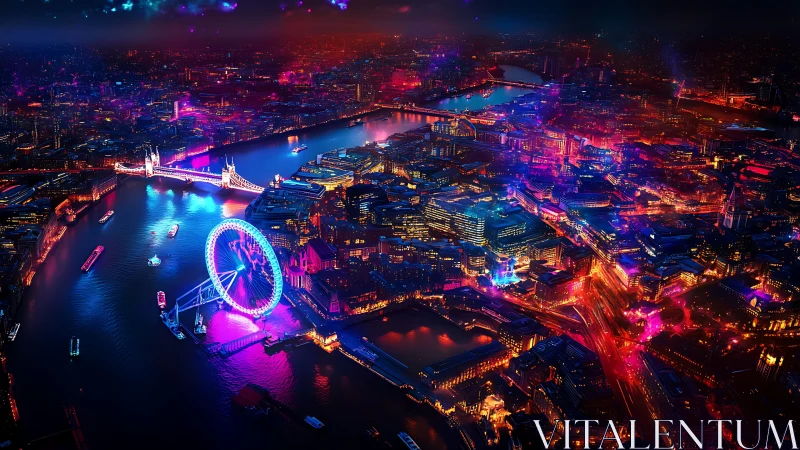 Neon skyline engulfs riverside cityscape in electric night