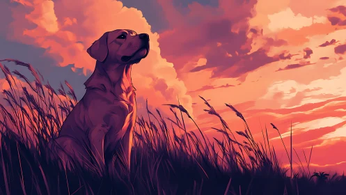 Sunlit labrador resting in windswept field at fiery sunset.