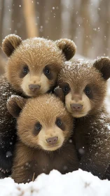 Snow-dusted bear cub trio sharing a cozy winter cuddle.