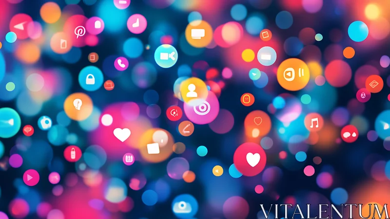 Colorful digital social media icons float over bokeh background