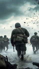 Soldiers advance through stormy surf under heavy rain