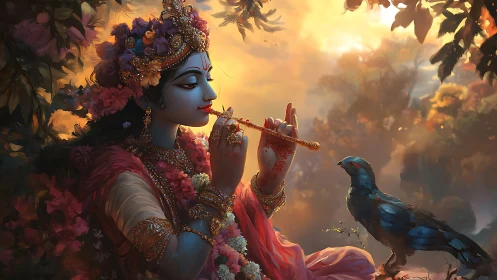 Divine flutist in floral regalia with bird at luminous dusk