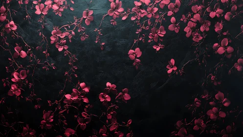 Red floral vines on textured dark surface in low light.