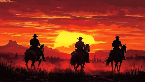 Cowboys ride through blazing sunset on the open range.