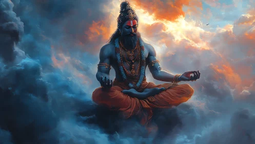 Blue-skinned robed figure meditating amid dense clouds.