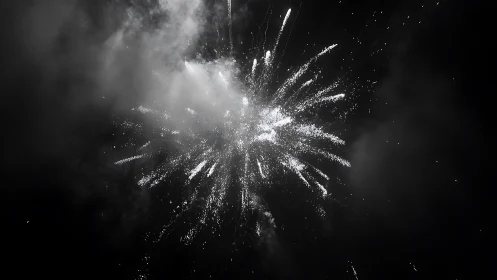 Monochrome burst of fireworks against dark night sky.
