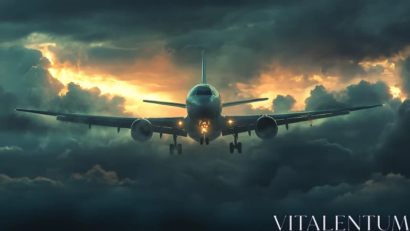 Passenger jet approaches runway through dense storm clouds.