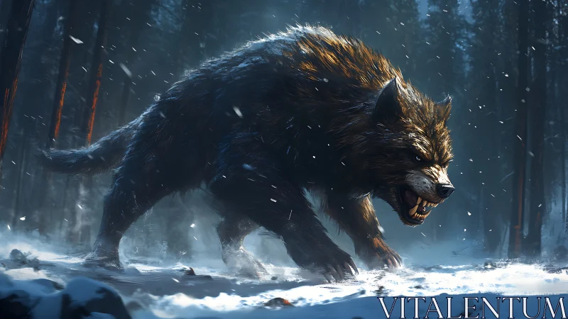 Muscular dire wolf lunges through snowy forest with dynamic rim light