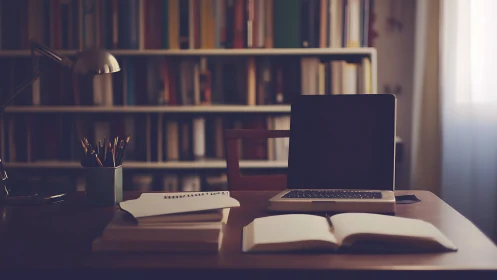 Warm-toned study desk with laptop foregrounding blurred library