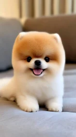 Fluffy Pomeranian puppy on sofa in soft window light.
