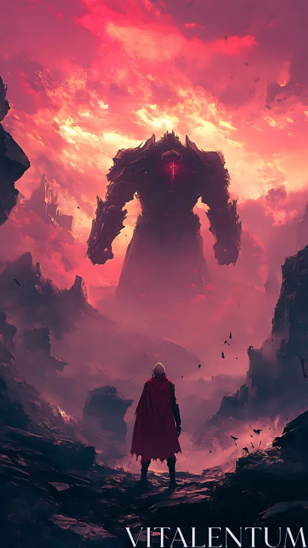 Lone warrior confronts colossal mech under burning sky.