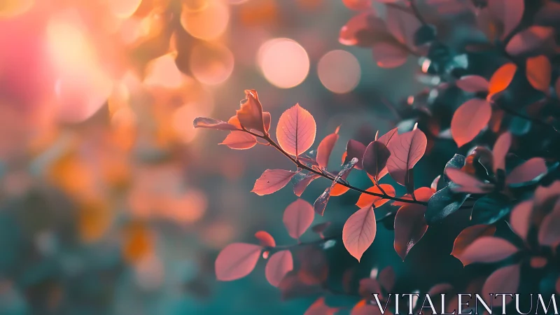 Shallow depth field isolates pink foliage against warm bokeh glow