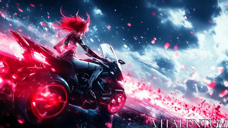 Cyber rider drives neon motorcycle through storm petals.