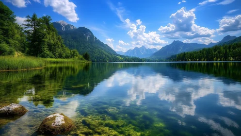 Mountain lake mirror with clear water and summer sky.