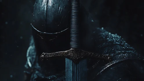 Armored knight holds vertical longsword in dim blue light