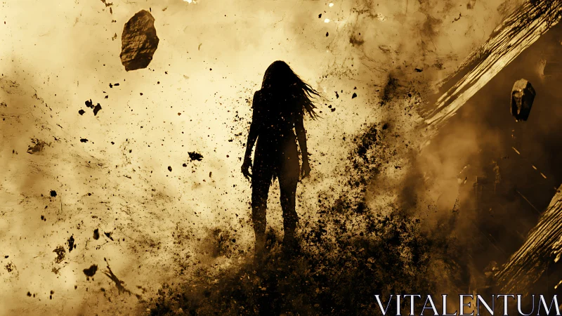 Shadow figure stands in swirling golden dust storm.