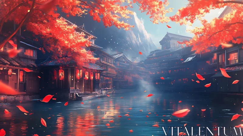 Red maple riverside village glows in tranquil twilight calm.