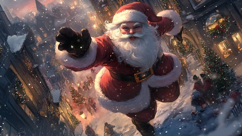 Dynamic digital painting of Santa in snowy street perspective.
