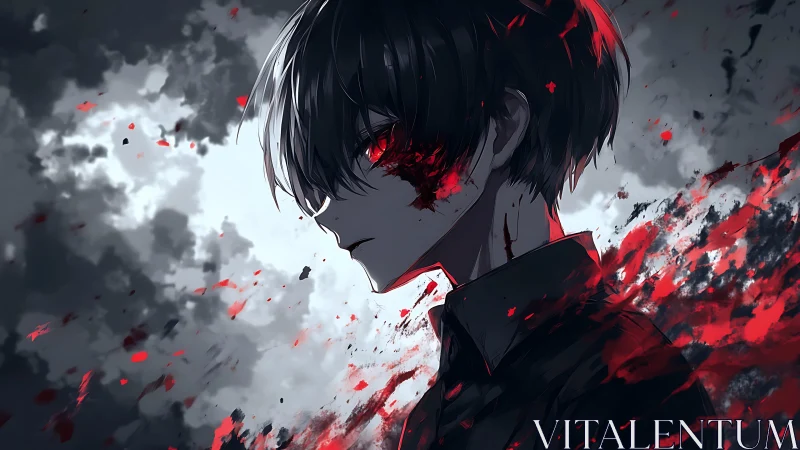Brooding anime figure amid red splatter and storm clouds.