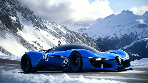 Futuristic blue hypercar rendered on alpine ice circuit.