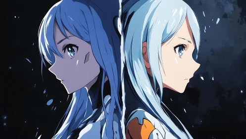 Dual blue-haired anime girls divided by light and shadow.