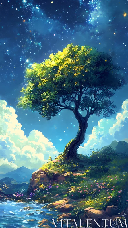 Solitary tree stands on rocky slope under dense star field