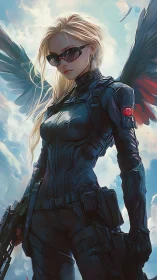 Winged cyber soldier descends through luminous storm clouds.