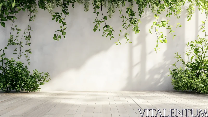 Minimalist terrace wall with cascading green ivy plants.