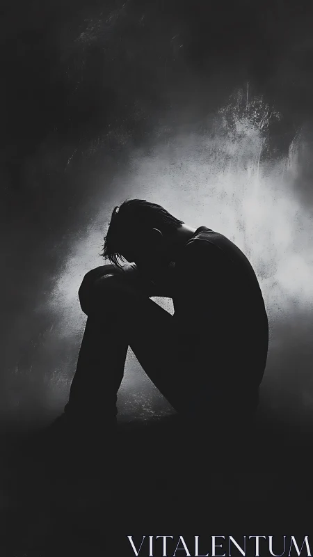 Silhouetted sorrow curls inward against a storm of mute light