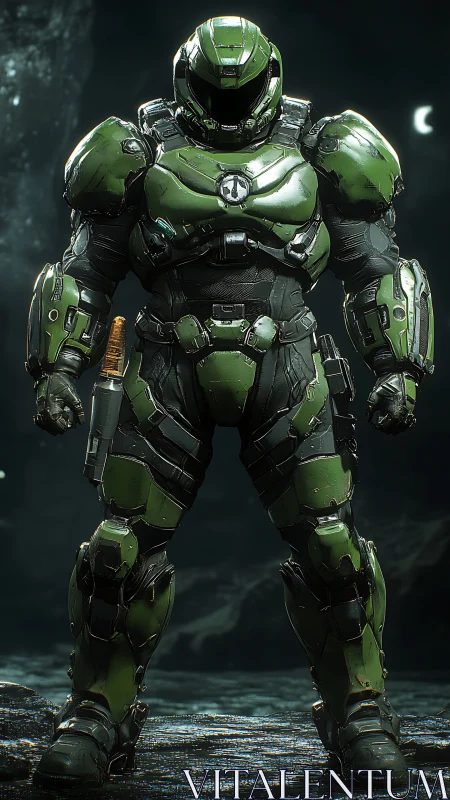 Armored sci fi soldier in green power suit at night.