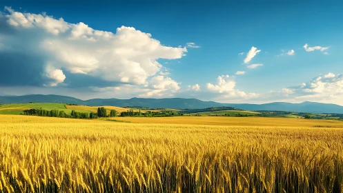 Golden wheat chorus under wandering summer clouds.
