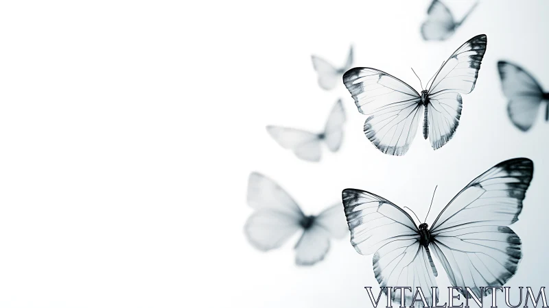 Quiet ballet of translucent butterflies in soft flight.