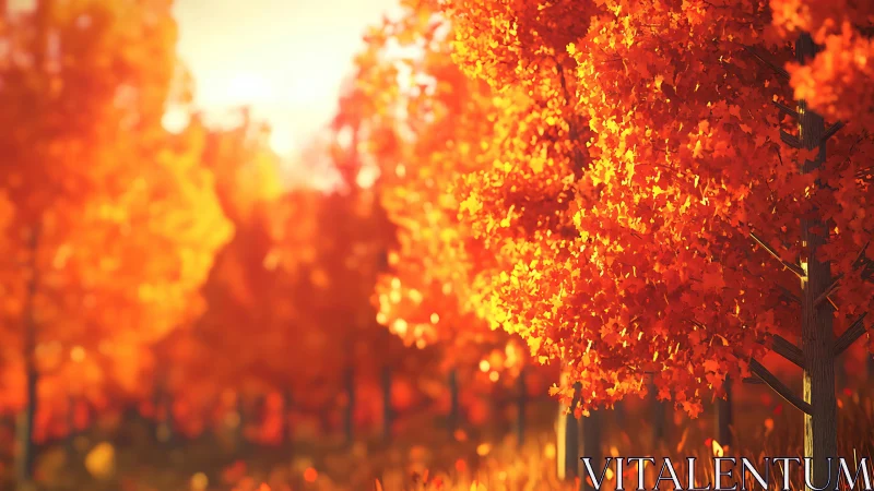 Autumn ember forest glowing under a slow honeyed sunrise.