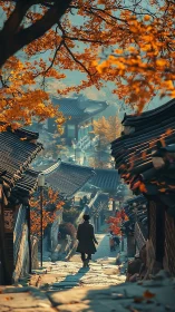 Person walking through traditional street under autumn foliage.