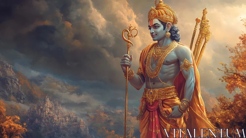 Deity warrior in ornate regalia against storm-lit valley citadel.