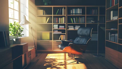 Modern reading chair in sunlit home library interior.