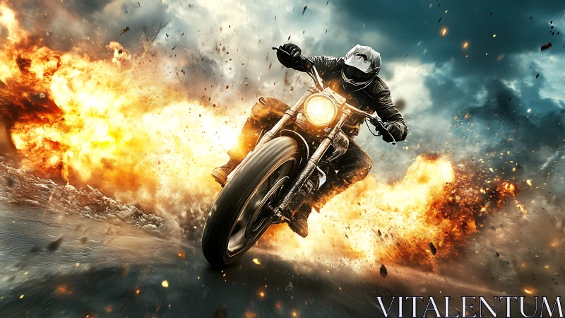 Motorcyclist cuts through fiery explosion in dynamic drift shot.