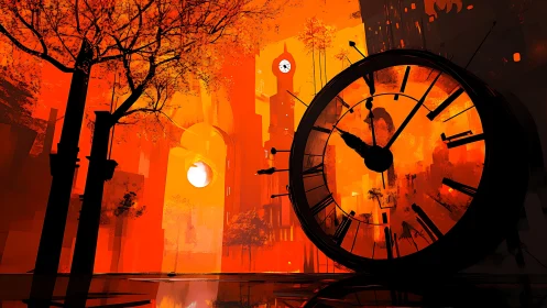 Glowing city clockscape wrapped in sunset shadows and time.