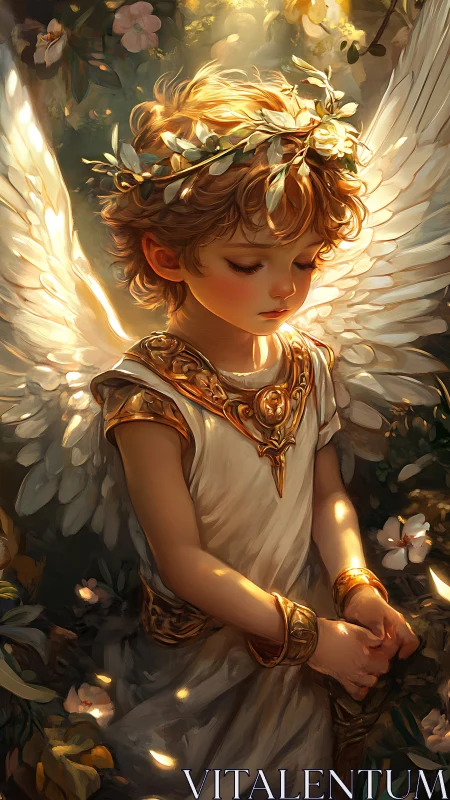 Golden-winged child angel in a quiet garden of light.