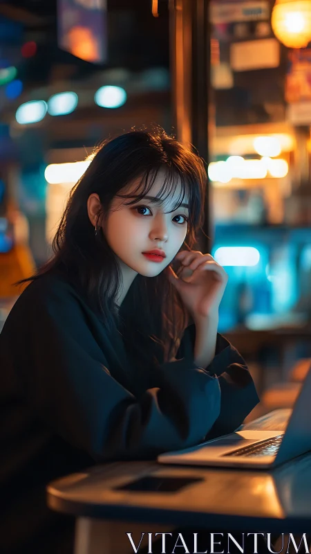 Night-owl coder bathed in neon café glow and quiet focus.