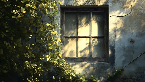 Sunlit wooden window on aged wall with surrounding foliage.