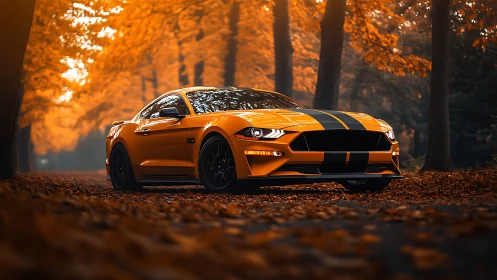 Orange sports coupe is parked on a leaf-covered forest road
