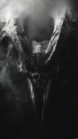 Midnight abyssal skull looms from smoke and shadowed void.