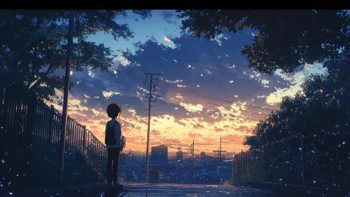 Anime sunset streetscape with silhouetted student and skyline.