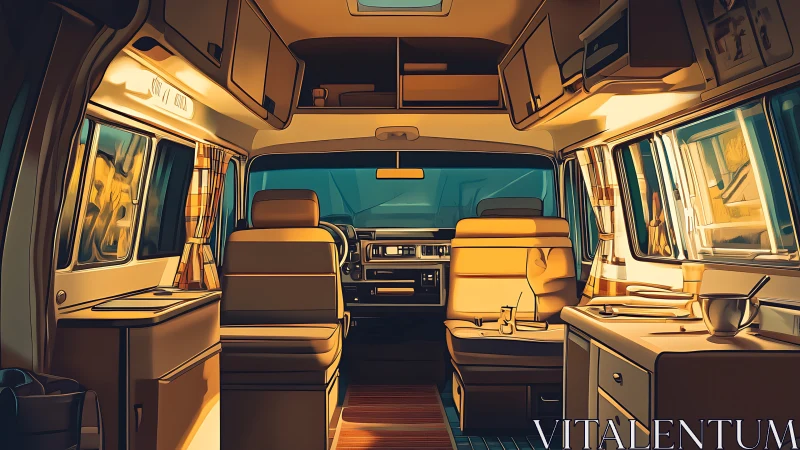Sunlit camper van interior shows warm retro travel space