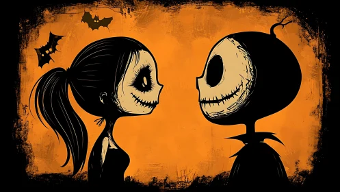 Skeleton Lovers Kiss Over Orange Halloween Scene.