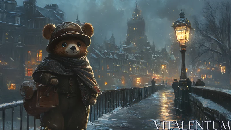 Adventurous teddy bear crosses a snowy, lantern-lit city bridge